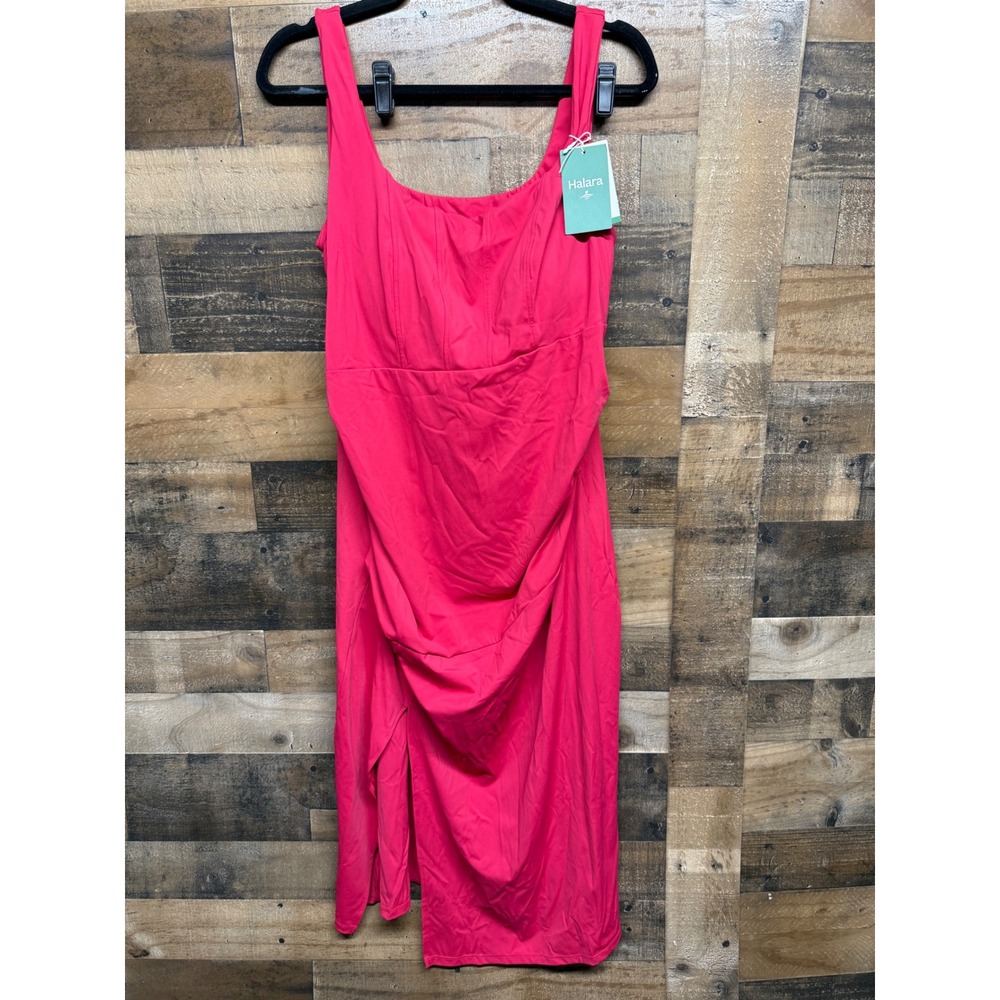 Halara Softlyzero Airy Pink Ruched Midi Dress Square Neck Side Slit Sleeveless